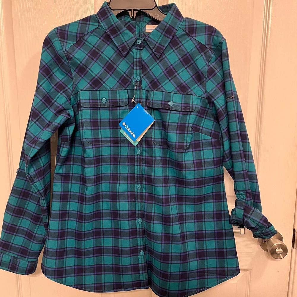 Columbia Saturday Trail II Flannel Shirt Teal Purple Plaid AL9131-391 Womens L